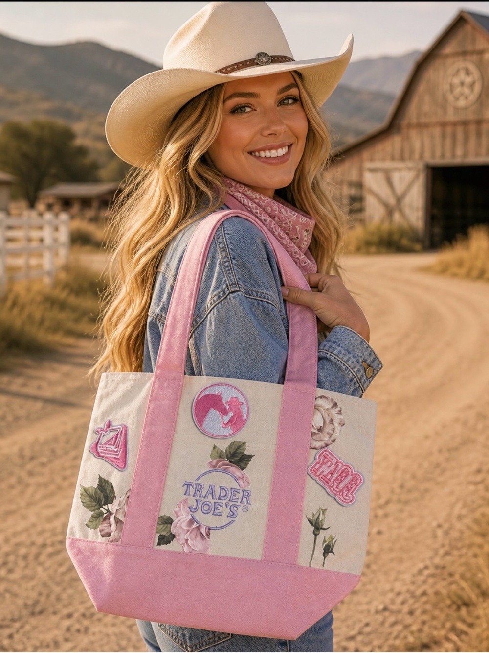 Pink Canvas Trader Joe Custom  Tote Bag with Floral Patches / Cowgirl inspiratio
